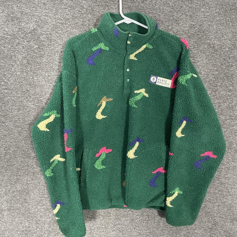Parks Project Fleece Pullover Medium Green Mushroom Print Snap Neck Hiking